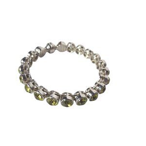 Vintage Green Rhinestone Bracelet Silver Tone Costume Jewelry
